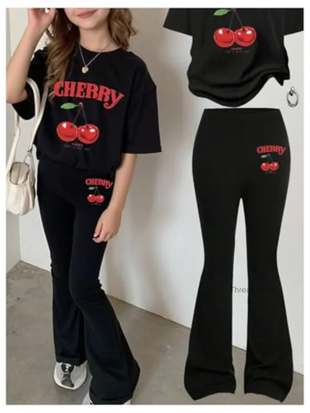 Girl's Cherry Print Tee and Flare Pants 2 Piece Set